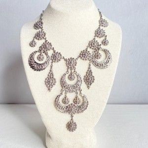 Ornate Bib Necklace Silver Tone Pewter Articulated Rangoli Flower Designs